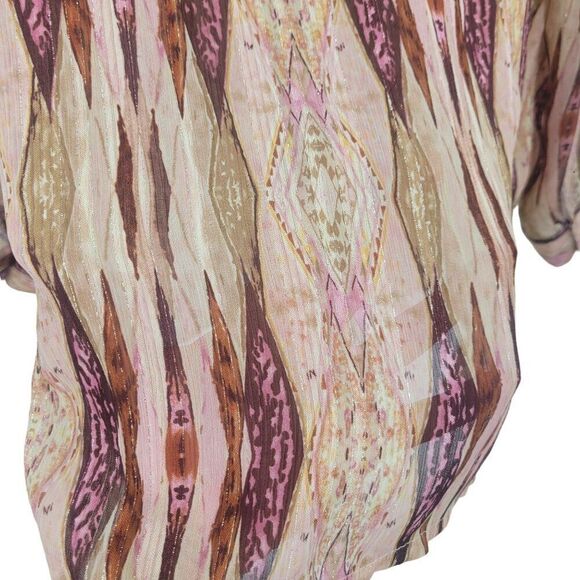 Vintage 70s Sheer Button Down Blouse XL Pink Metallic Geometric Striped Groovy - Picture 2 of 11